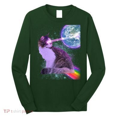 Space Cat Shooting Lazer Into Moon Long Sleeve Shirt
