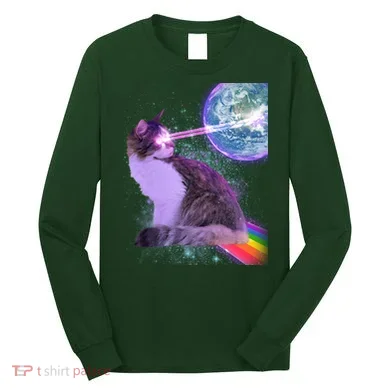 Space Cat Shooting Lazer Into Moon Long Sleeve Shirt