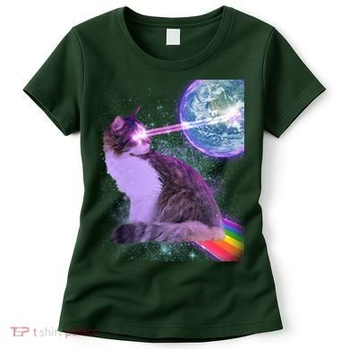 Space Cat Shooting Lazer Into Moon Women's T-Shirt