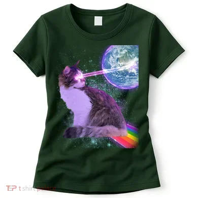 Space Cat Shooting Lazer Into Moon Women's T-Shirt