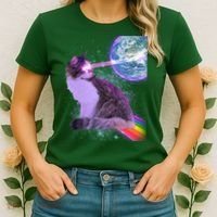 Space Cat Shooting Lazer Into Moon Women's T-Shirt thumb 2