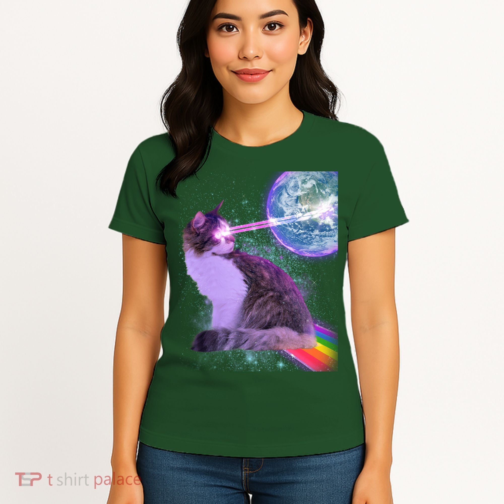 Space Cat Shooting Lazer Into Moon Women's T-Shirt