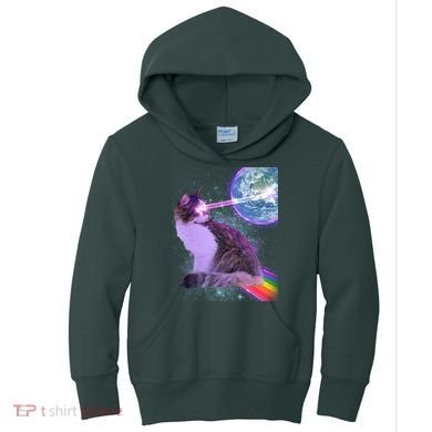 Space Cat Shooting Lazer Into Moon Kids Hoodie