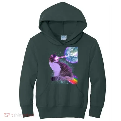 Space Cat Shooting Lazer Into Moon Kids Hoodie