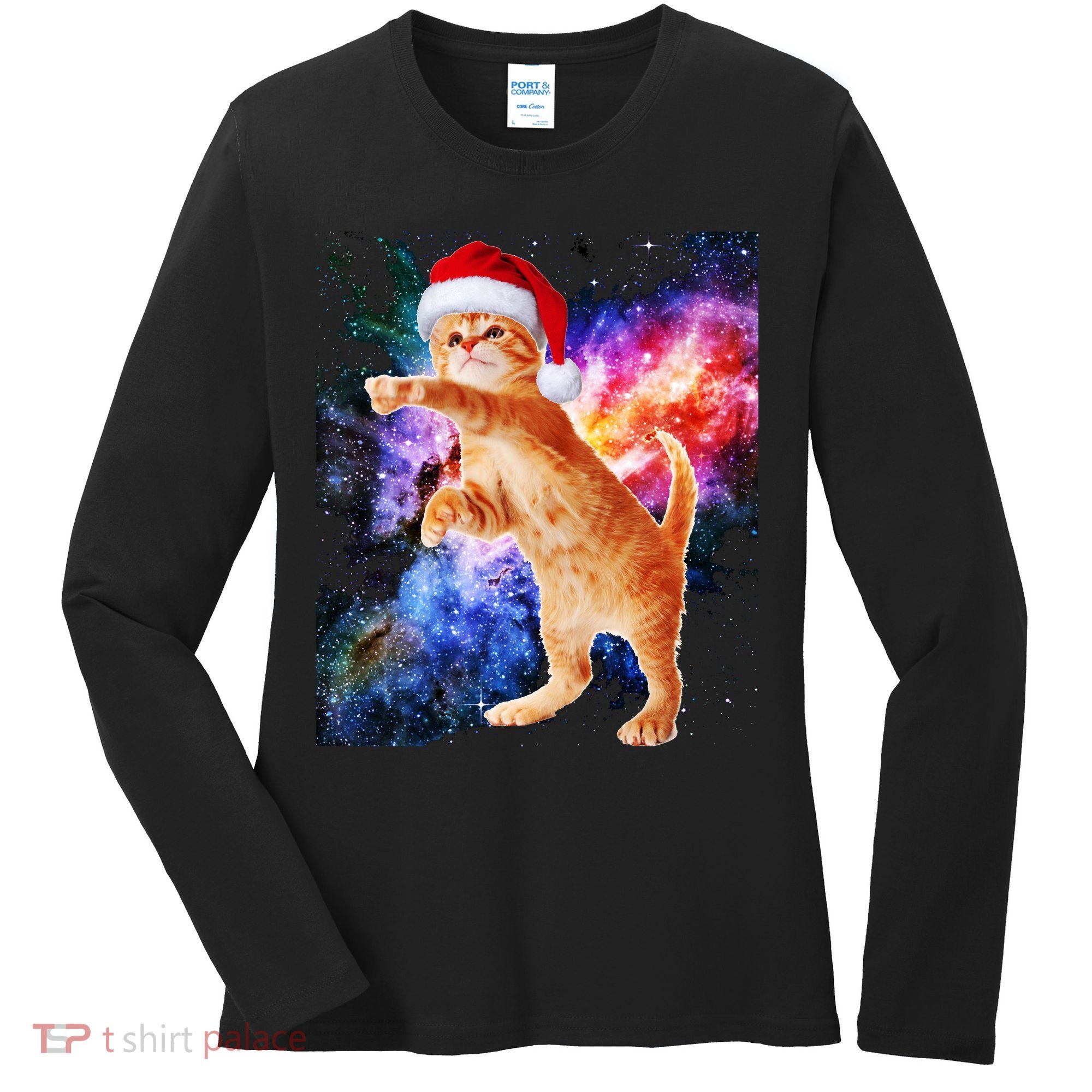 Space Christmas Cat Santa Kitty Women's Long Sleeve Shirt