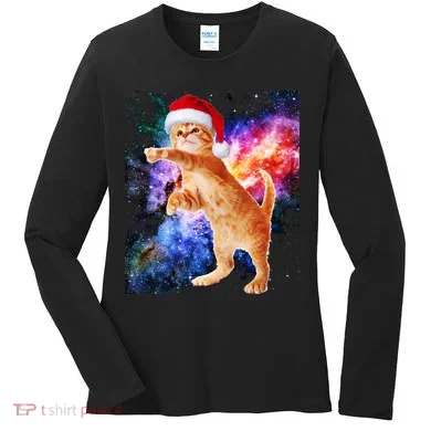 Space Christmas Cat Santa Kitty Women's Long Sleeve Shirt