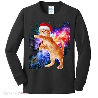 Space Christmas Cat Santa Kitty Kids Long Sleeve Shirt