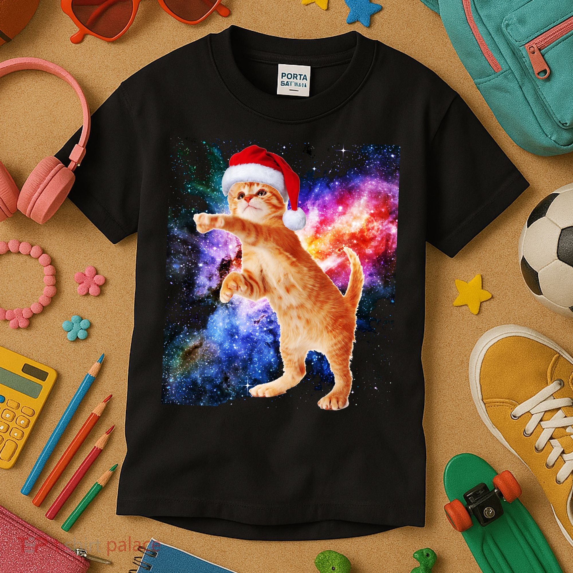 Space Christmas Cat Santa Kitty Kids T-Shirt