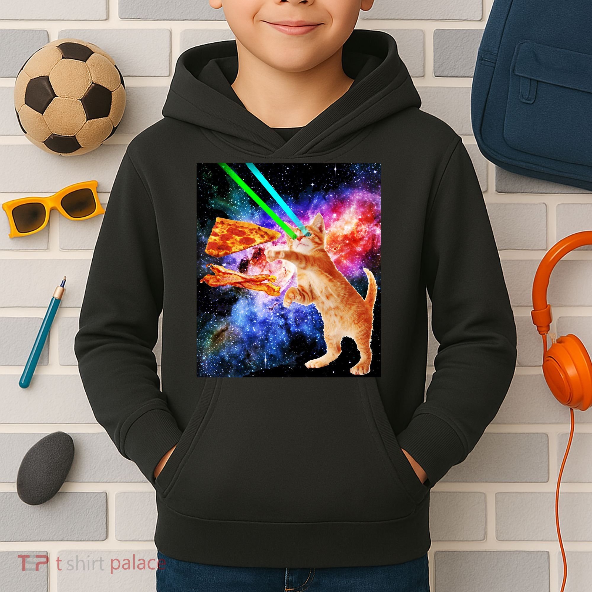 Space Hunger Flying Cat Pizza Bacon1 Kids Hoodie