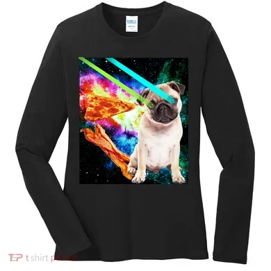 Space Hunger Pug Laser Pizza Bacon Women's Long Sleeve Shirt