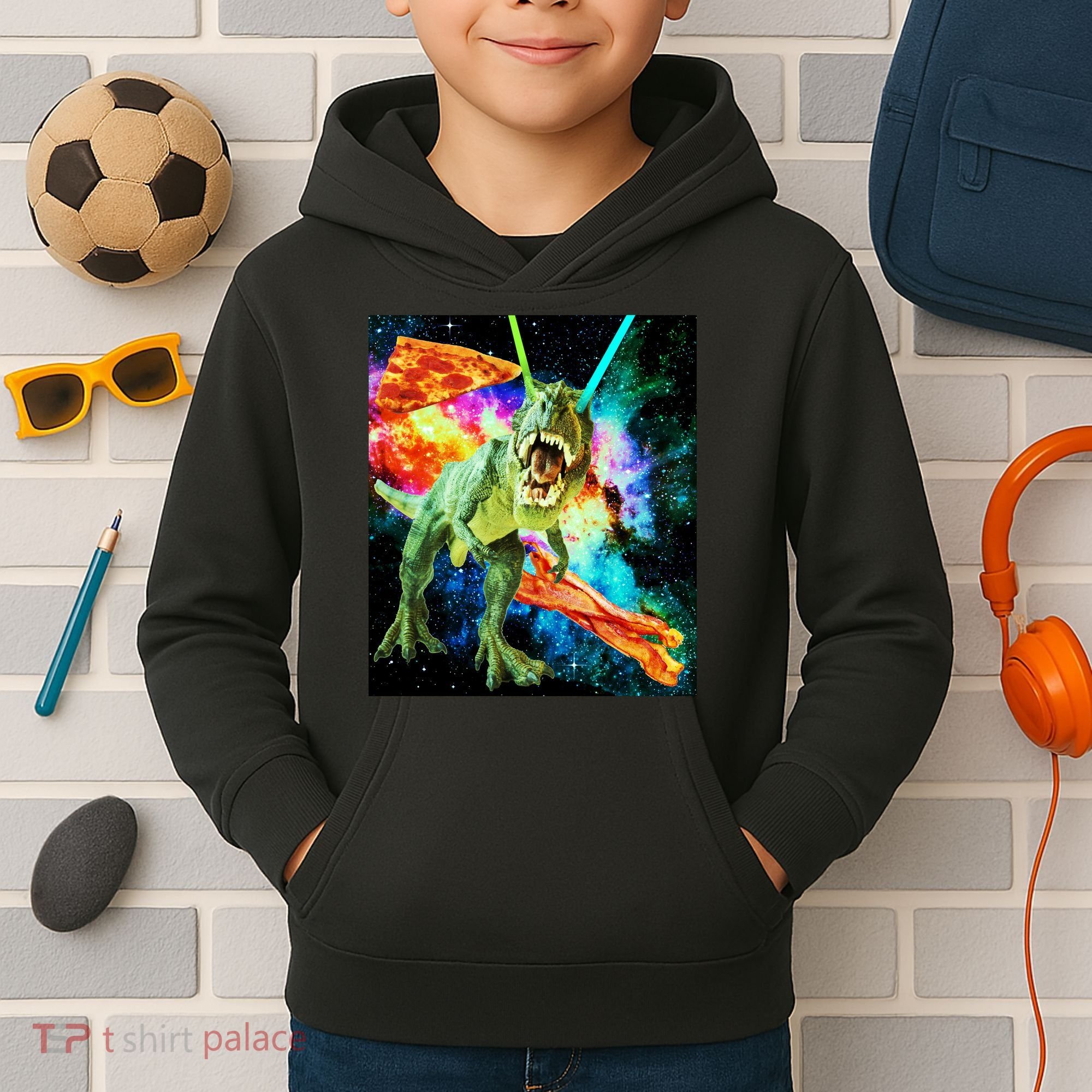 Space Hunger Wars T-Rex Pizza Bacon Kids Hoodie