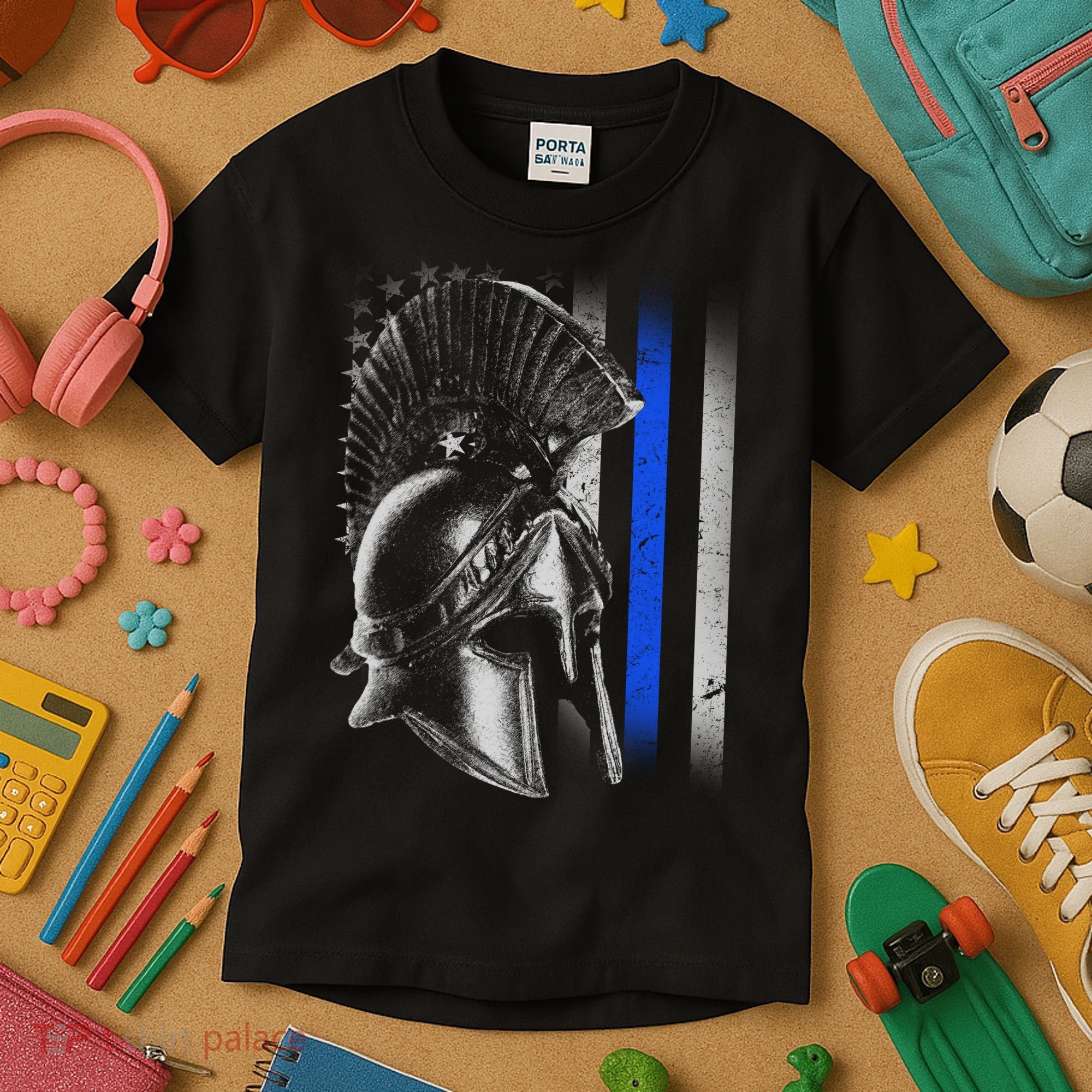 Spartan Police Blue Thin Line Flag Kids T-Shirt