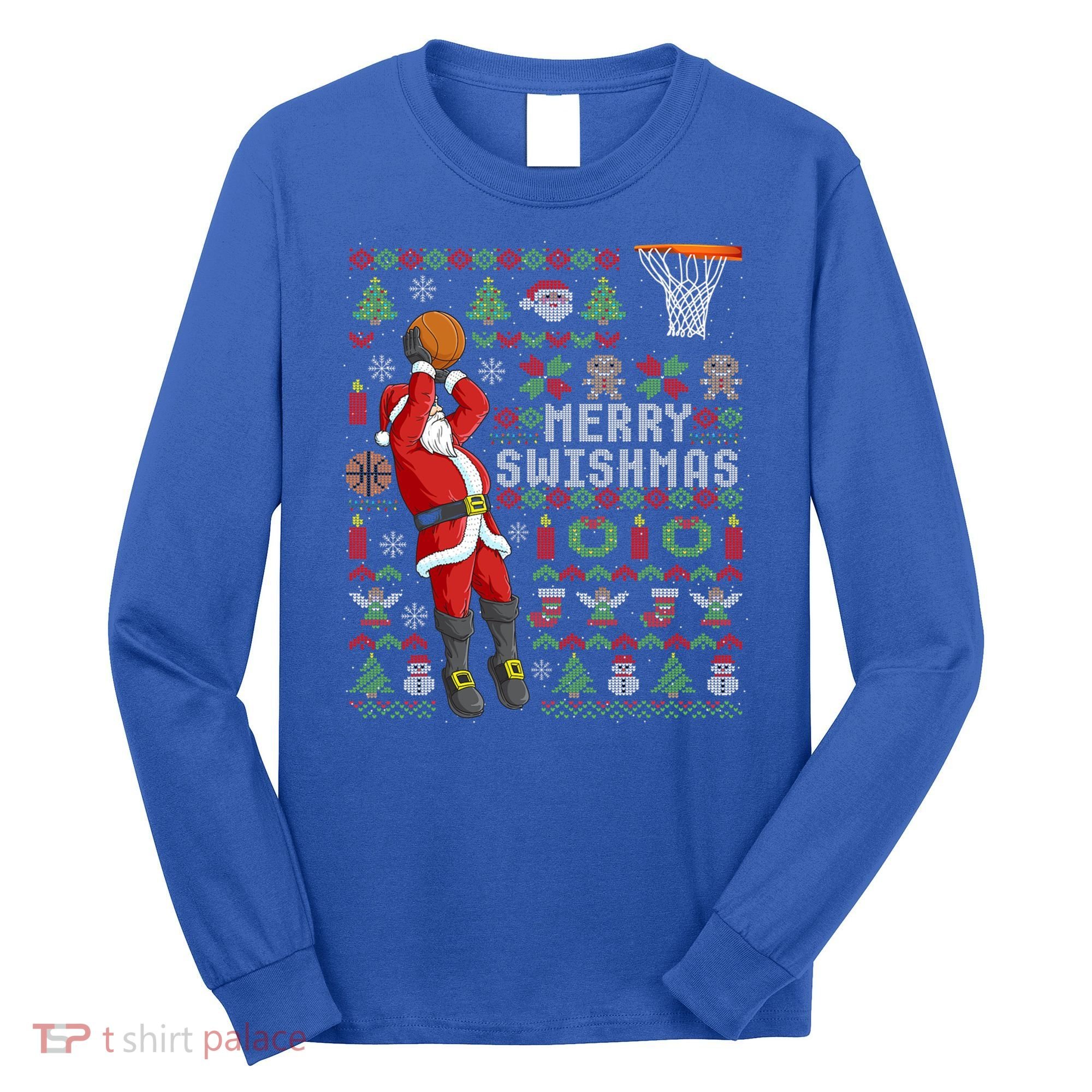 Santa Playing Basketball Ugly Christmas Sweater Holiday Tee Gift Long Sleeve Shirt