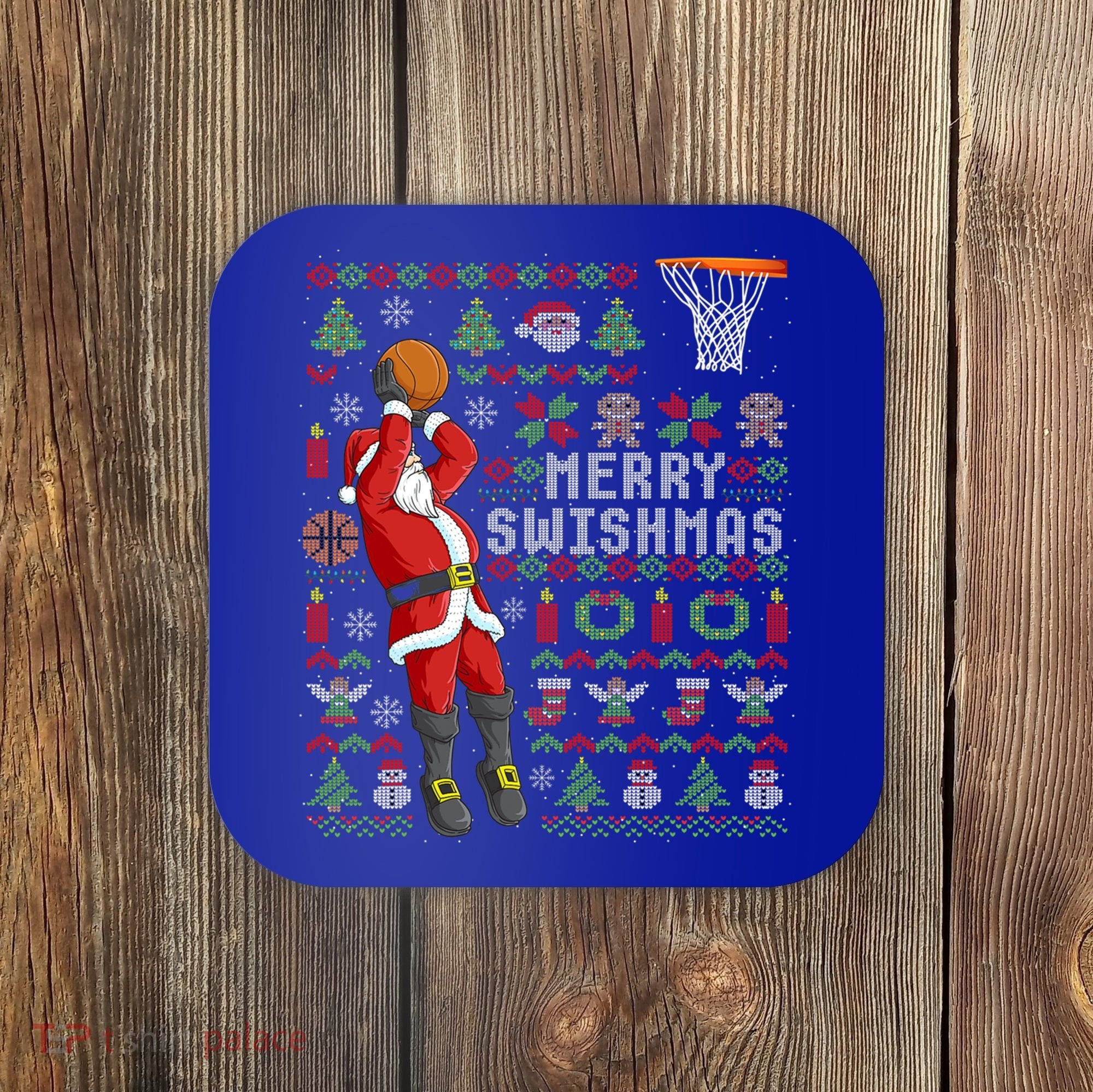 Santa Playing Basketball Ugly Christmas Sweater Holiday Tee Gift Coaster