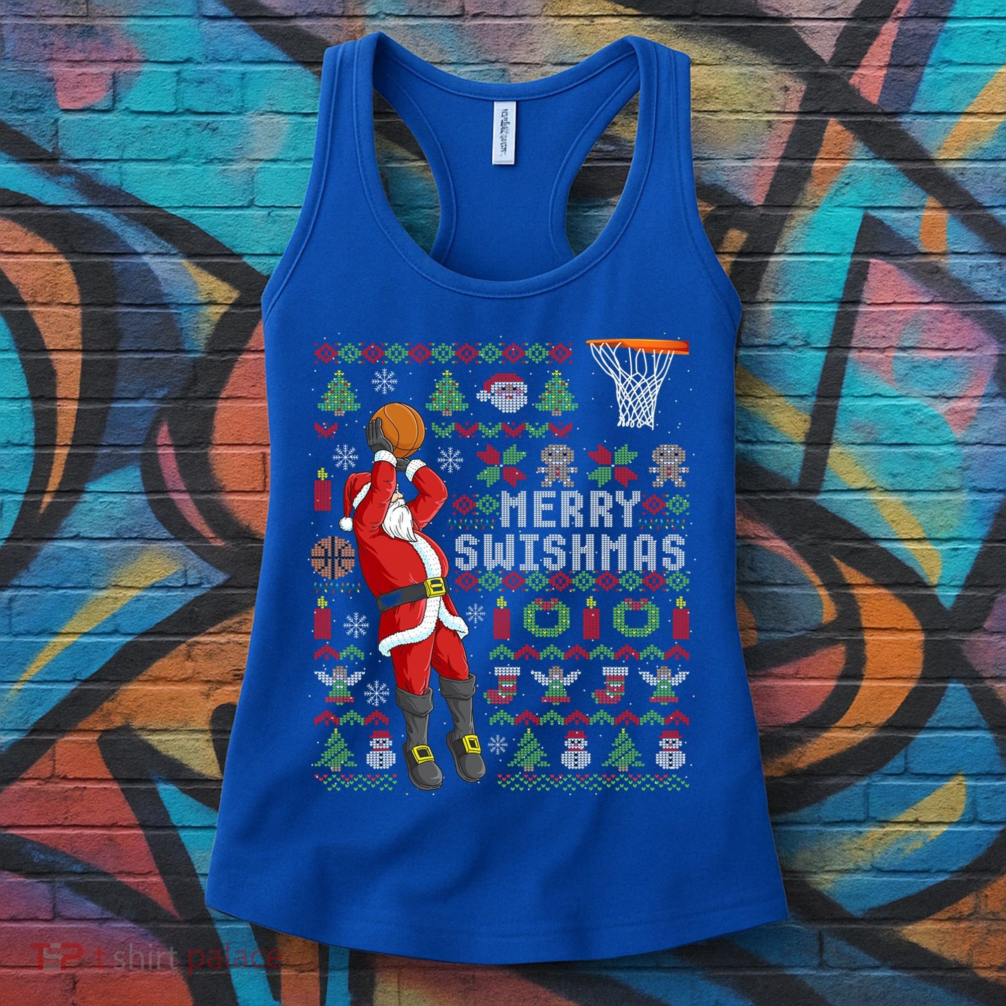 Santa Playing Basketball Ugly Christmas Sweater Holiday Tee Gift Women's Tank Top