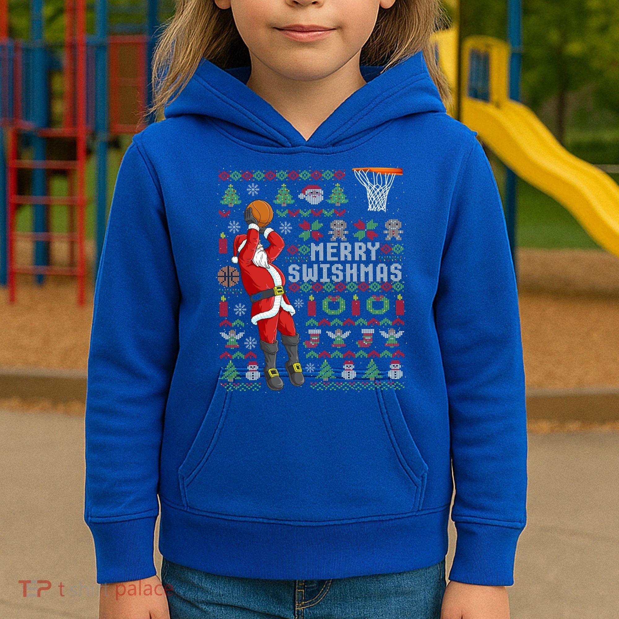 Santa Playing Basketball Ugly Christmas Sweater Holiday Tee Gift Kids Hoodie
