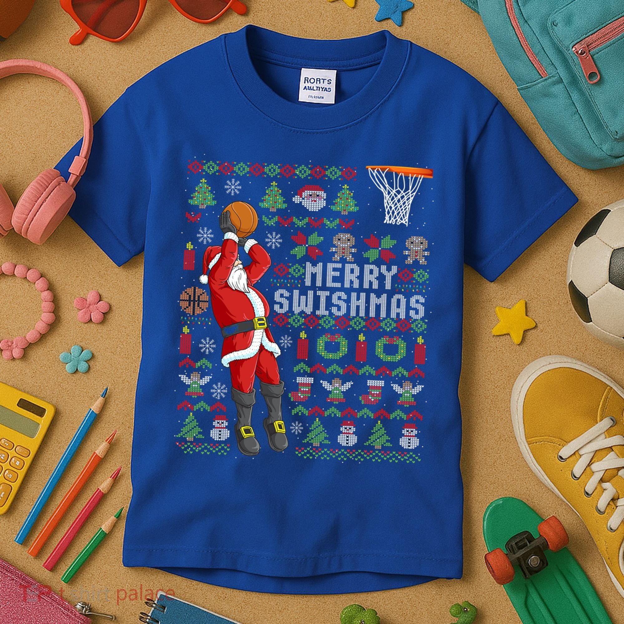 Santa Playing Basketball Ugly Christmas Sweater Holiday Tee Gift Kids T-Shirt