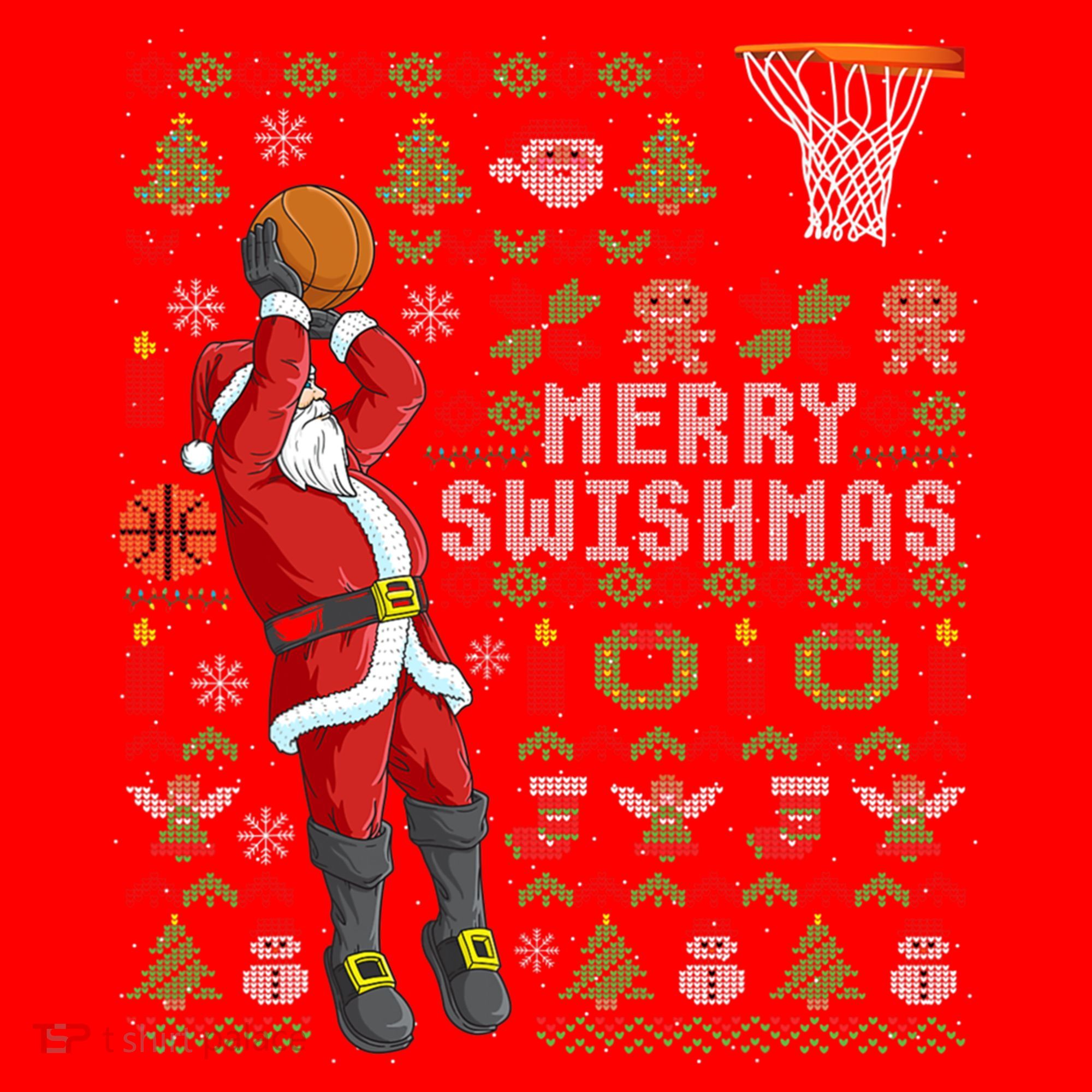 Santa Playing Basketball Ugly Christmas Sweater Holiday Tee Gift Santa Hat