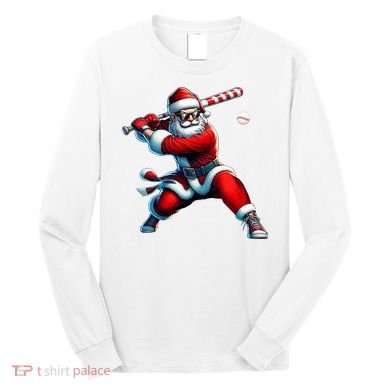 Santa Playing Baseball Christmas Baseball Player Long Sleeve Shirt