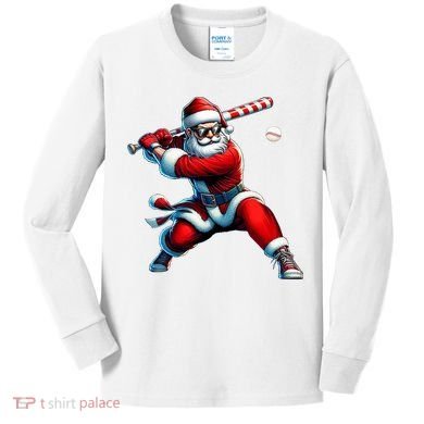 Santa Playing Baseball Christmas Baseball Player Kids Long Sleeve Shirt