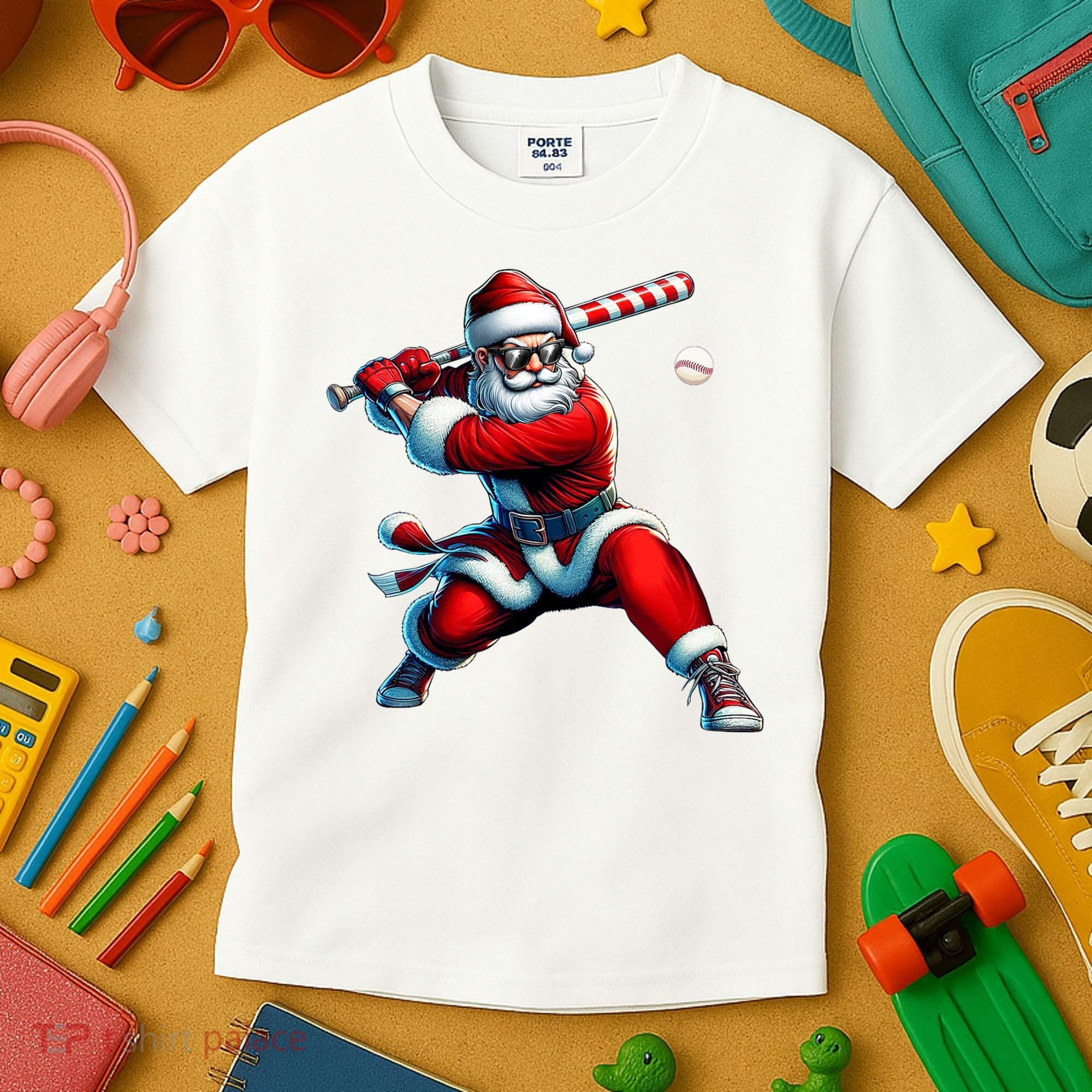 Santa Playing Baseball Christmas Baseball Player Kids T-Shirt