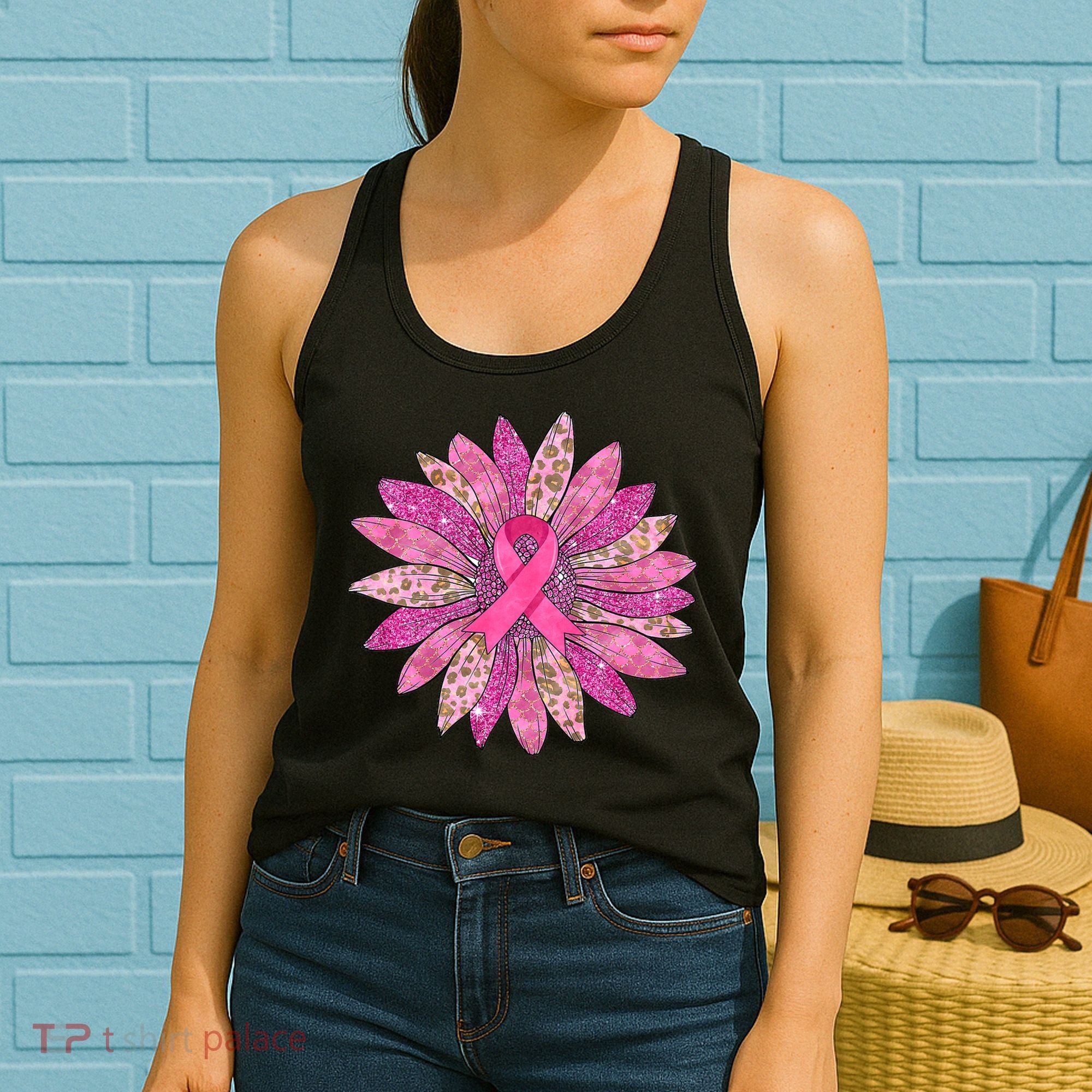 Sunflower Pink Breast Cancer Awareness Support Women Warrior Women's Tank Top