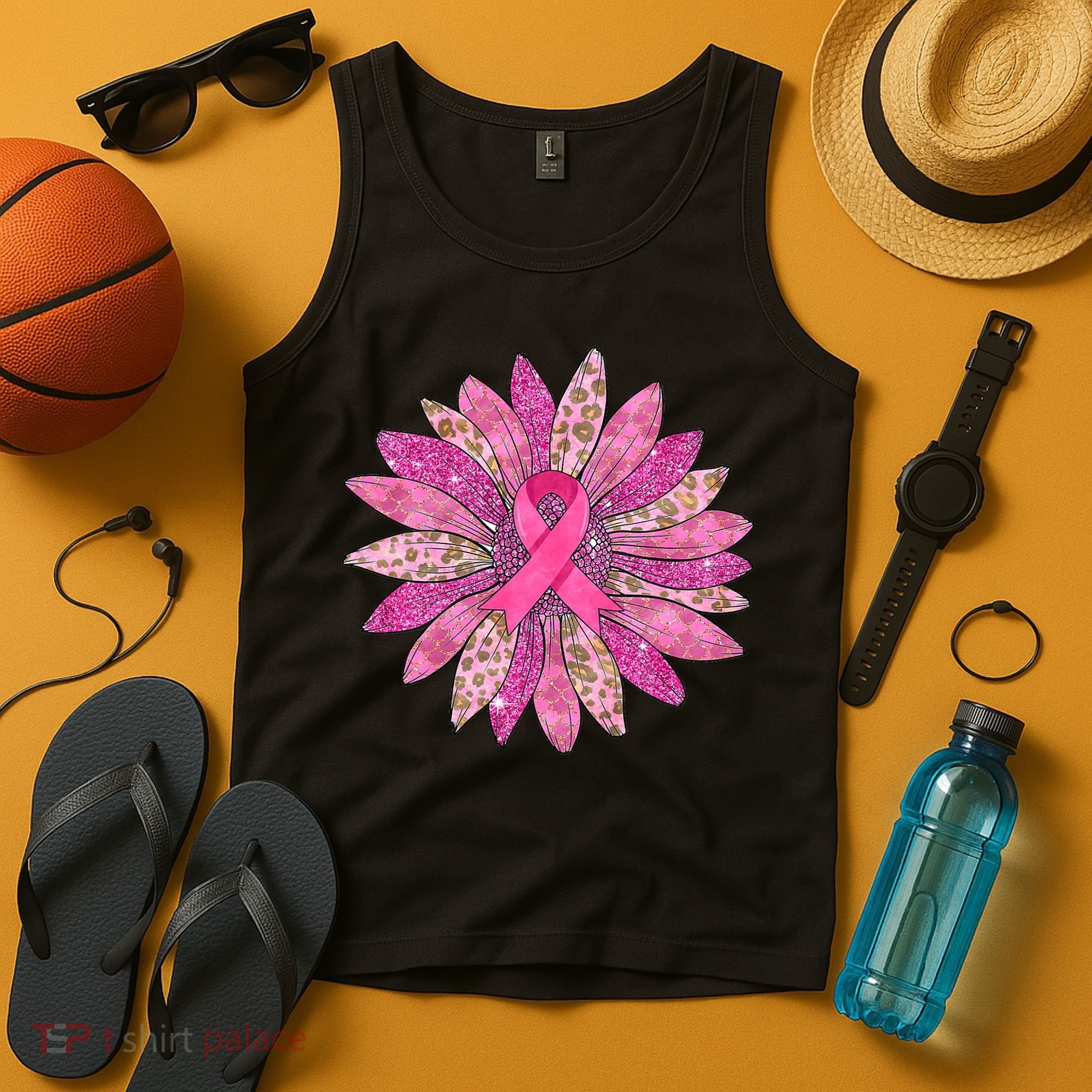 Sunflower Pink Breast Cancer Awareness Support Women Warrior Tank Top