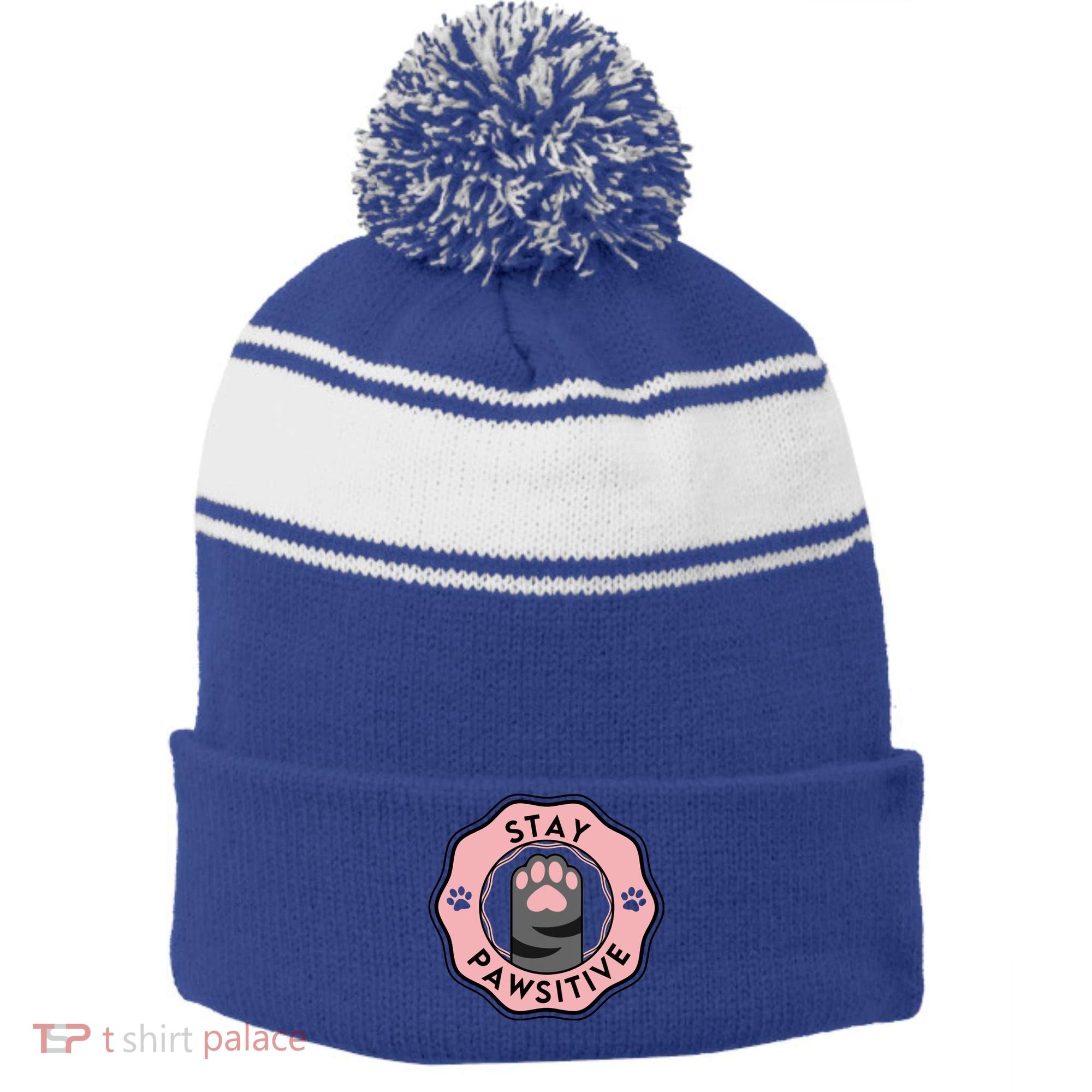 Stay Pawsitive Cat Stay Pawsitive Cute Gift Stripe Pom Pom Beanie