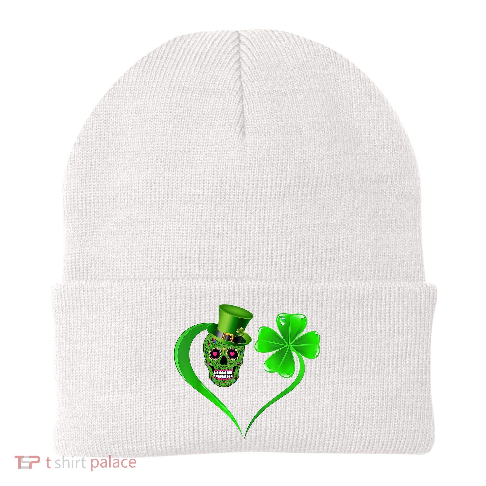 St Patricks Clover Skull Heart Funny St Patricks Day Beanie