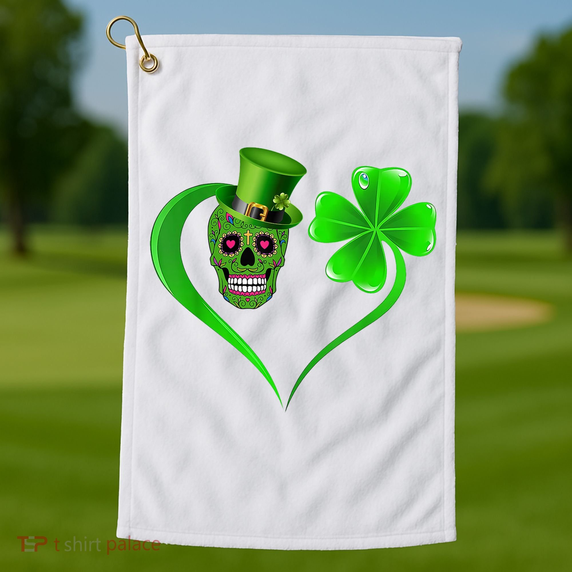 St Patricks Clover Skull Heart Funny St Patricks Day Golf Towel