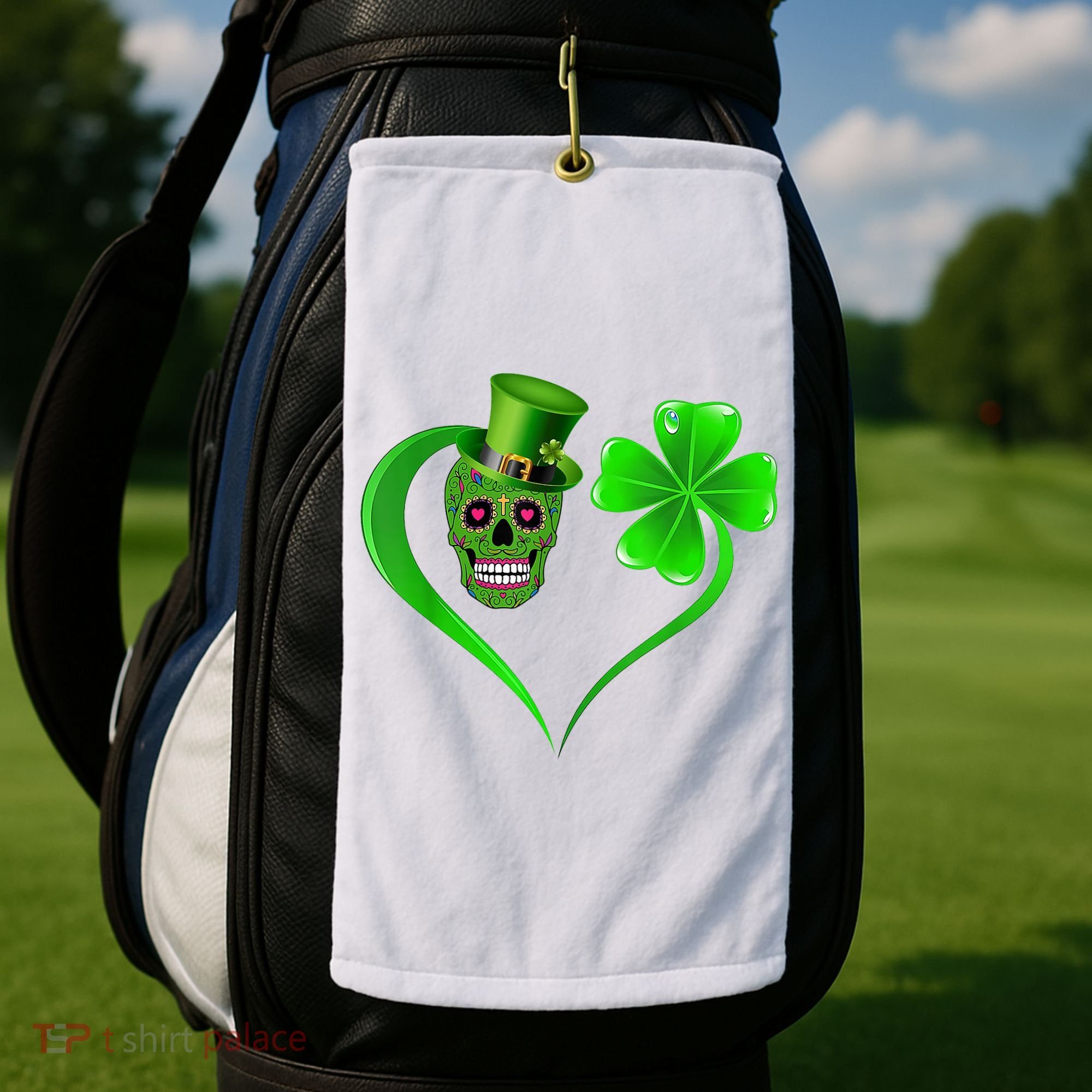 St Patricks Clover Skull Heart Funny St Patricks Day Golf Towel