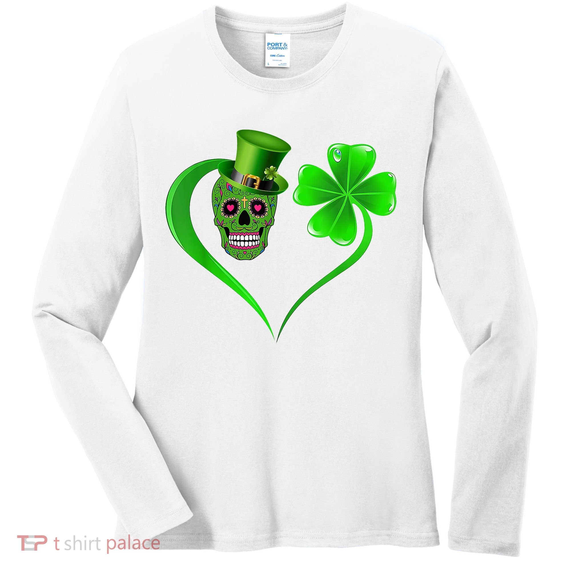 St Patricks Clover Skull Heart Funny St Patricks Day Women's Long Sleeve Shirt
