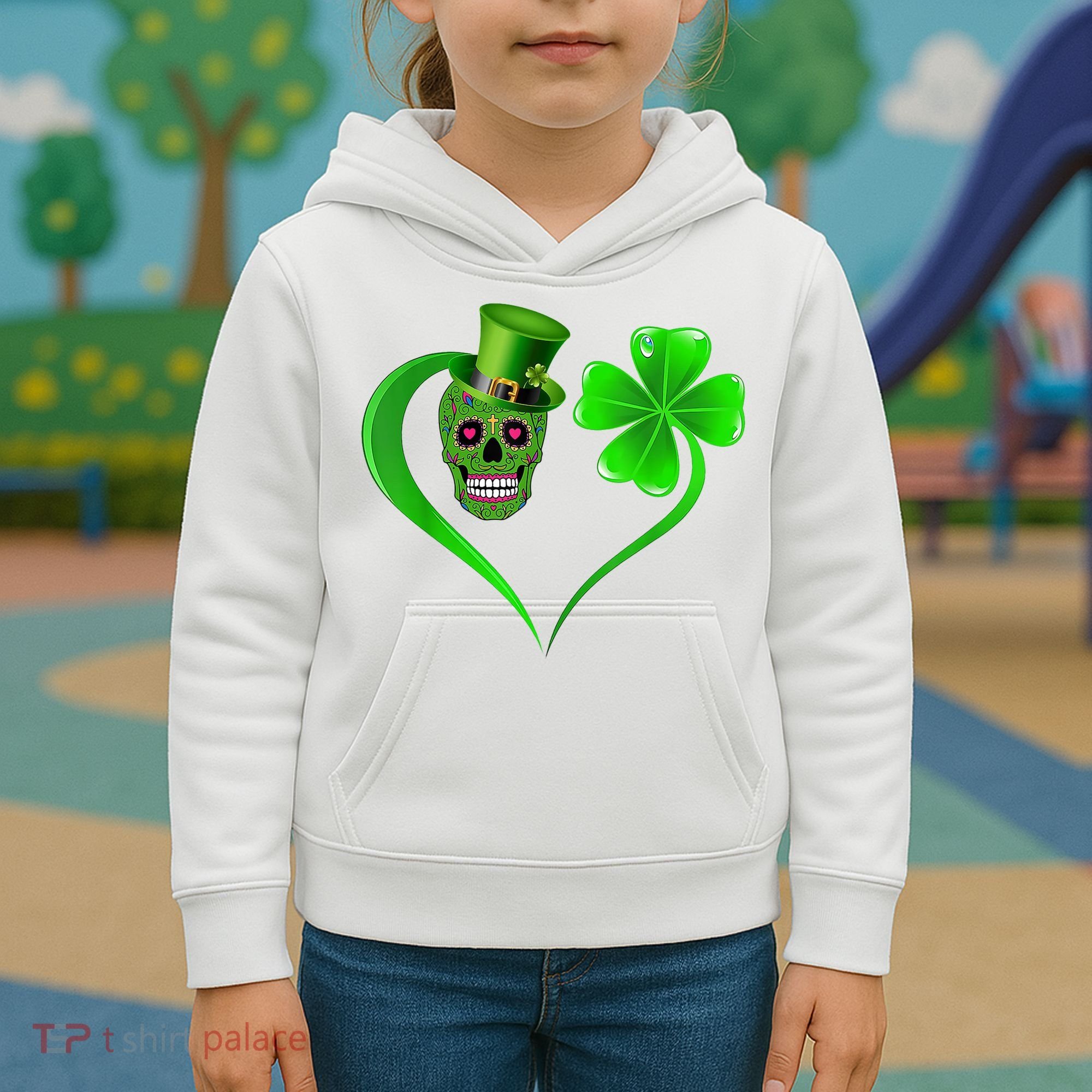 St Patricks Clover Skull Heart Funny St Patricks Day Kids Hoodie