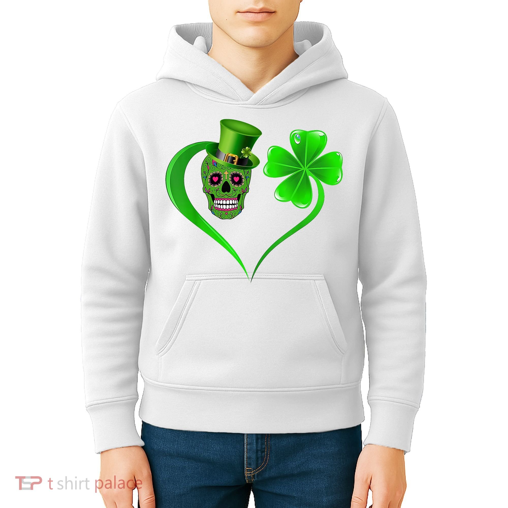 St Patricks Clover Skull Heart Funny St Patricks Day Kids Hoodie