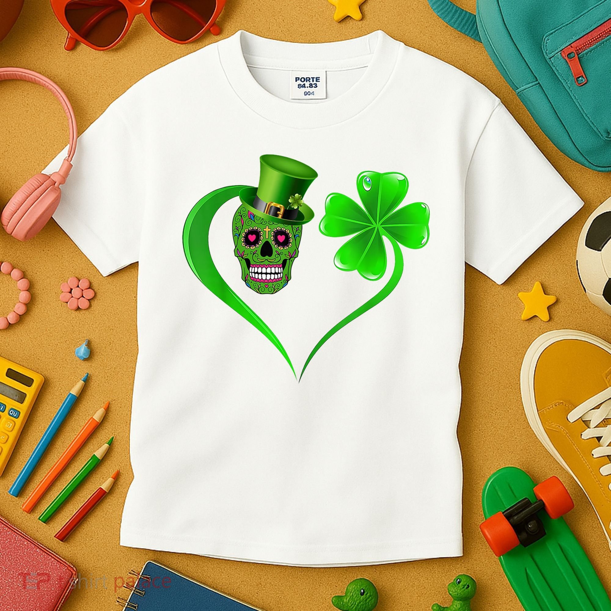 St Patricks Clover Skull Heart Funny St Patricks Day Kids T-Shirt