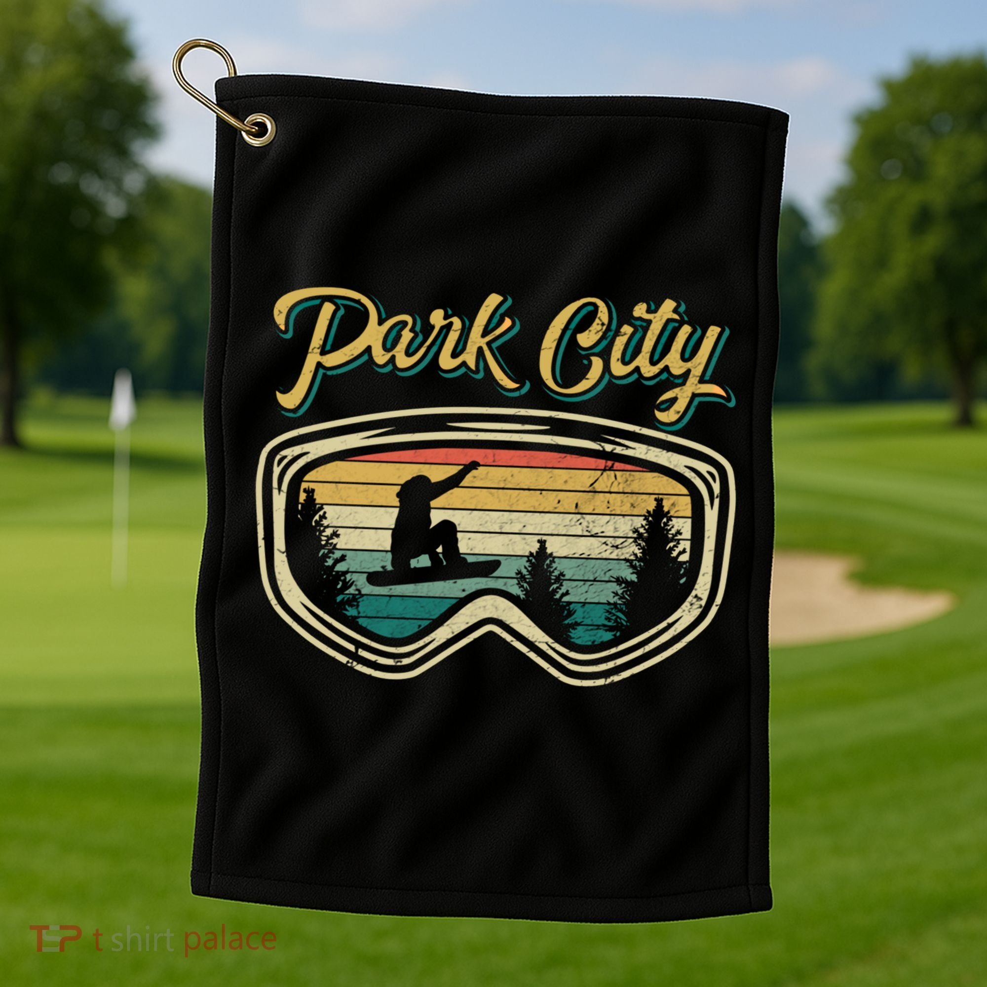 Snowboard Park City Utah Distressed Goggles Big Air Snow Gift Golf Towel