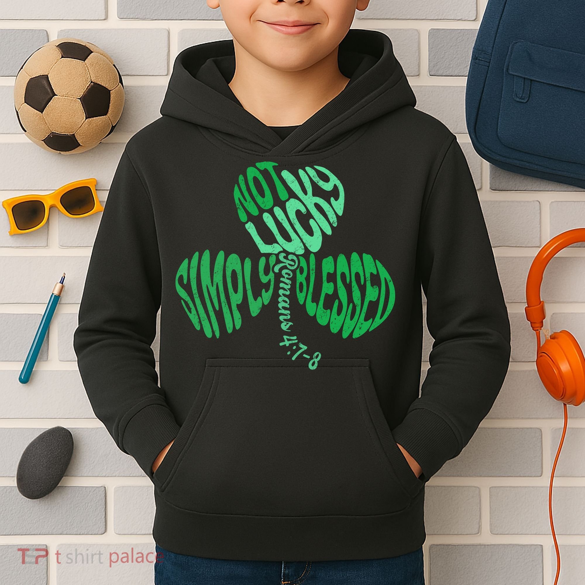 St Patrick's Clover Day Not Lucky Simply Blessed Romans 4:7-8 Kids Hoodie