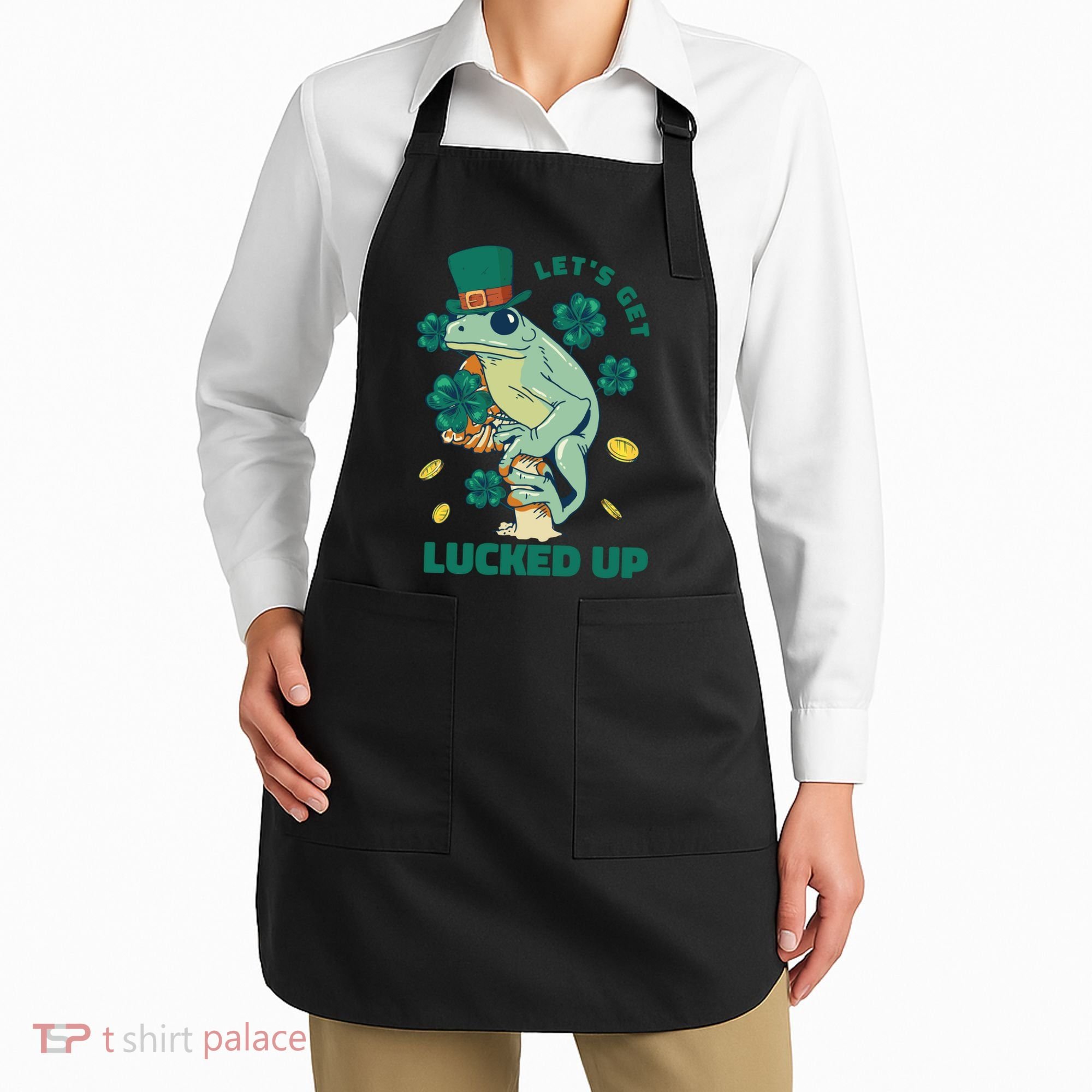 St Patricks Day Let's Get Lucked Up Frog Apron