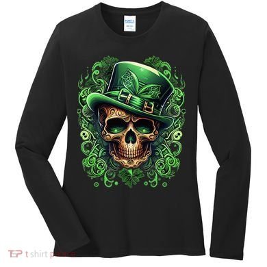 St Patricks Day Irish Skull Leprechaun Sugar Skull Women's Long Sleeve Shirt