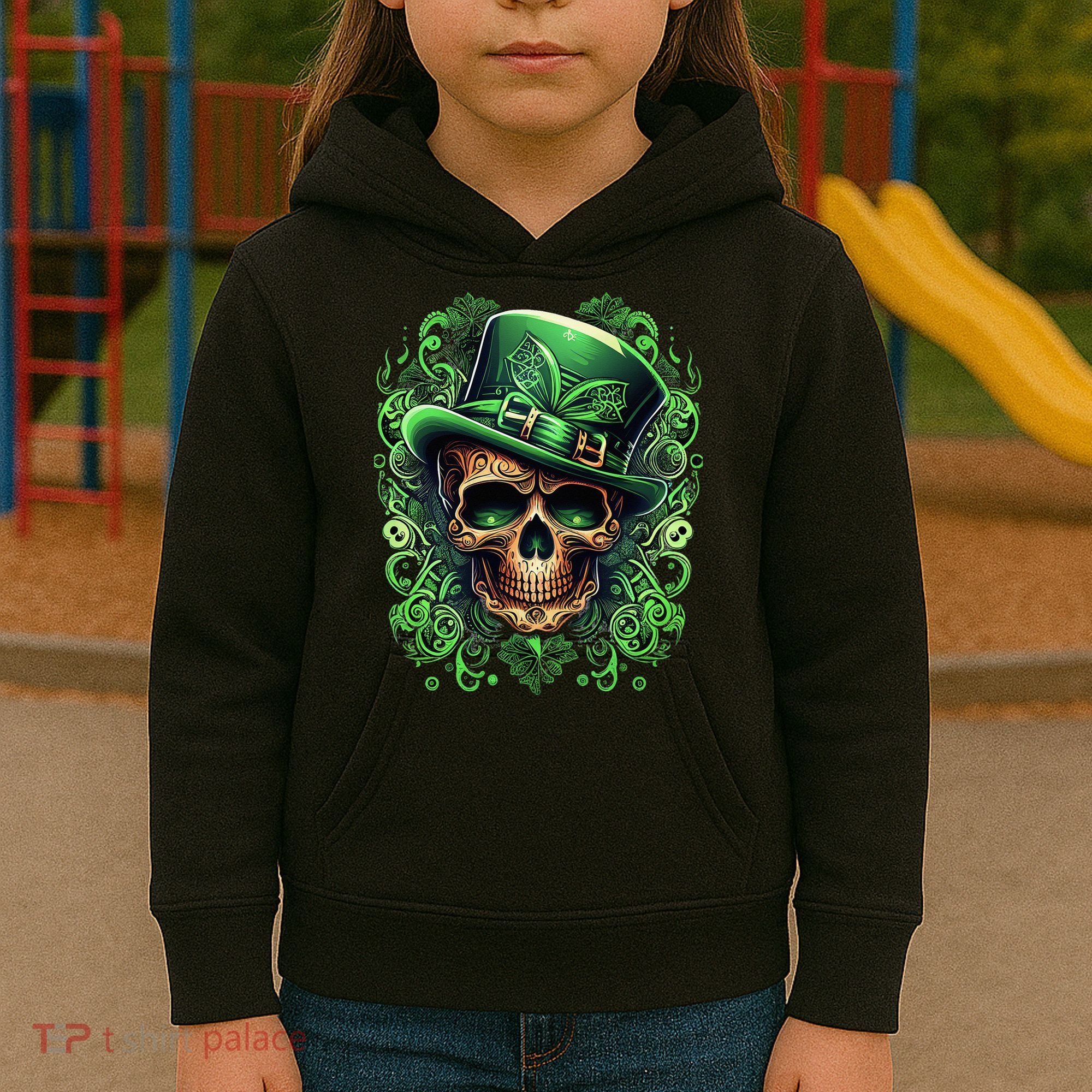 St Patricks Day Irish Skull Leprechaun Sugar Skull Kids Hoodie