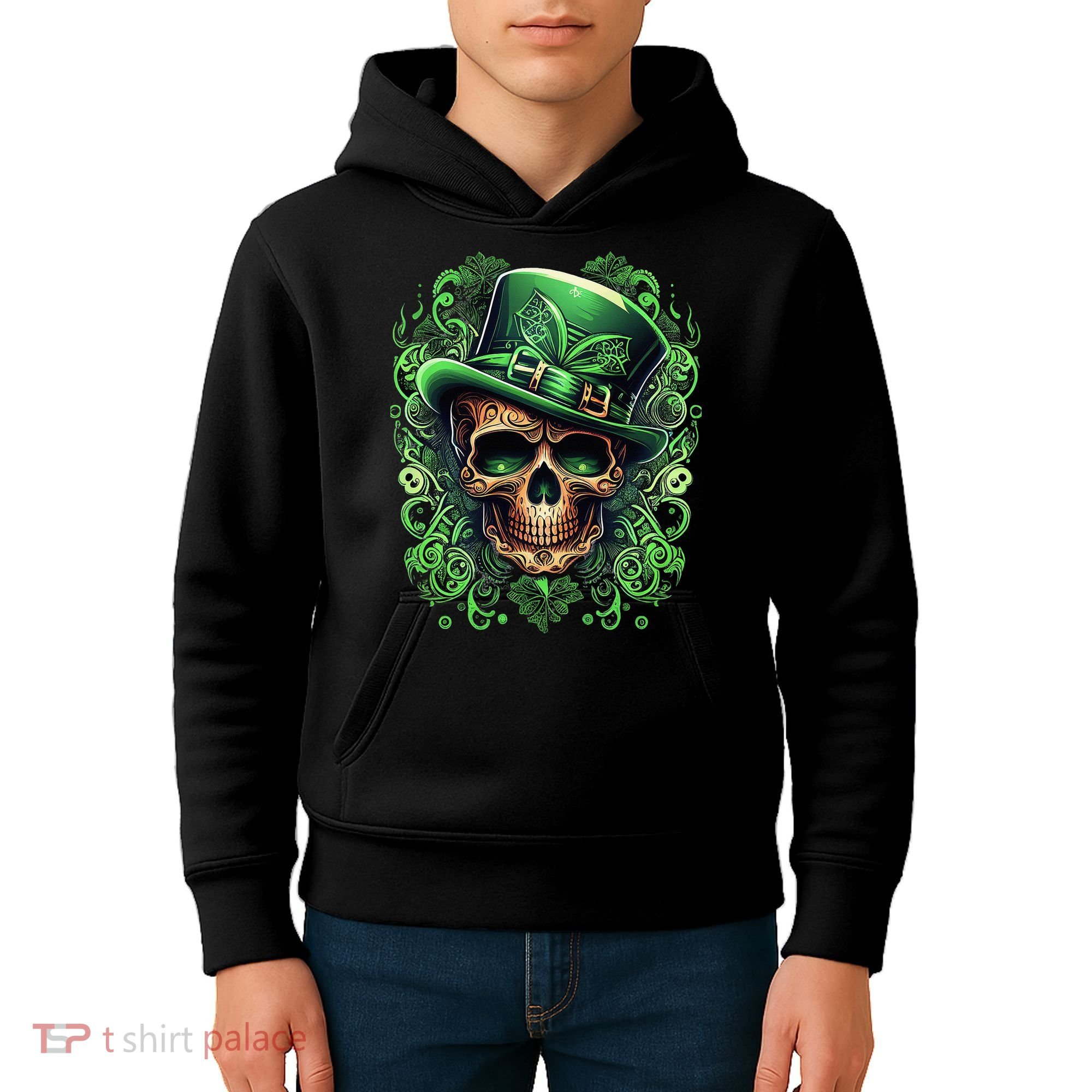 St Patricks Day Irish Skull Leprechaun Sugar Skull Kids Hoodie
