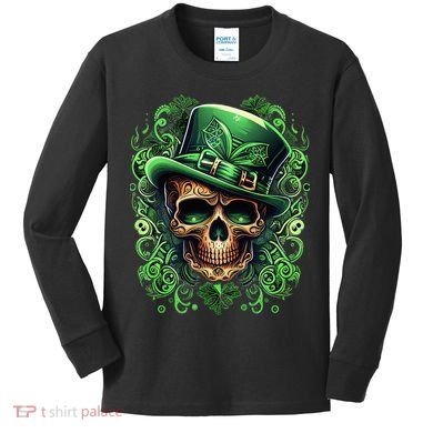 St Patricks Day Irish Skull Leprechaun Sugar Skull Kids Long Sleeve Shirt