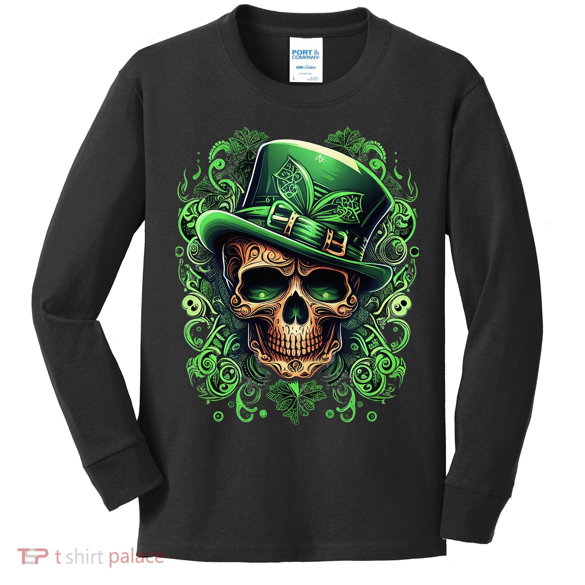 St Patricks Day Irish Skull Leprechaun Sugar Skull Kids Long Sleeve Shirt