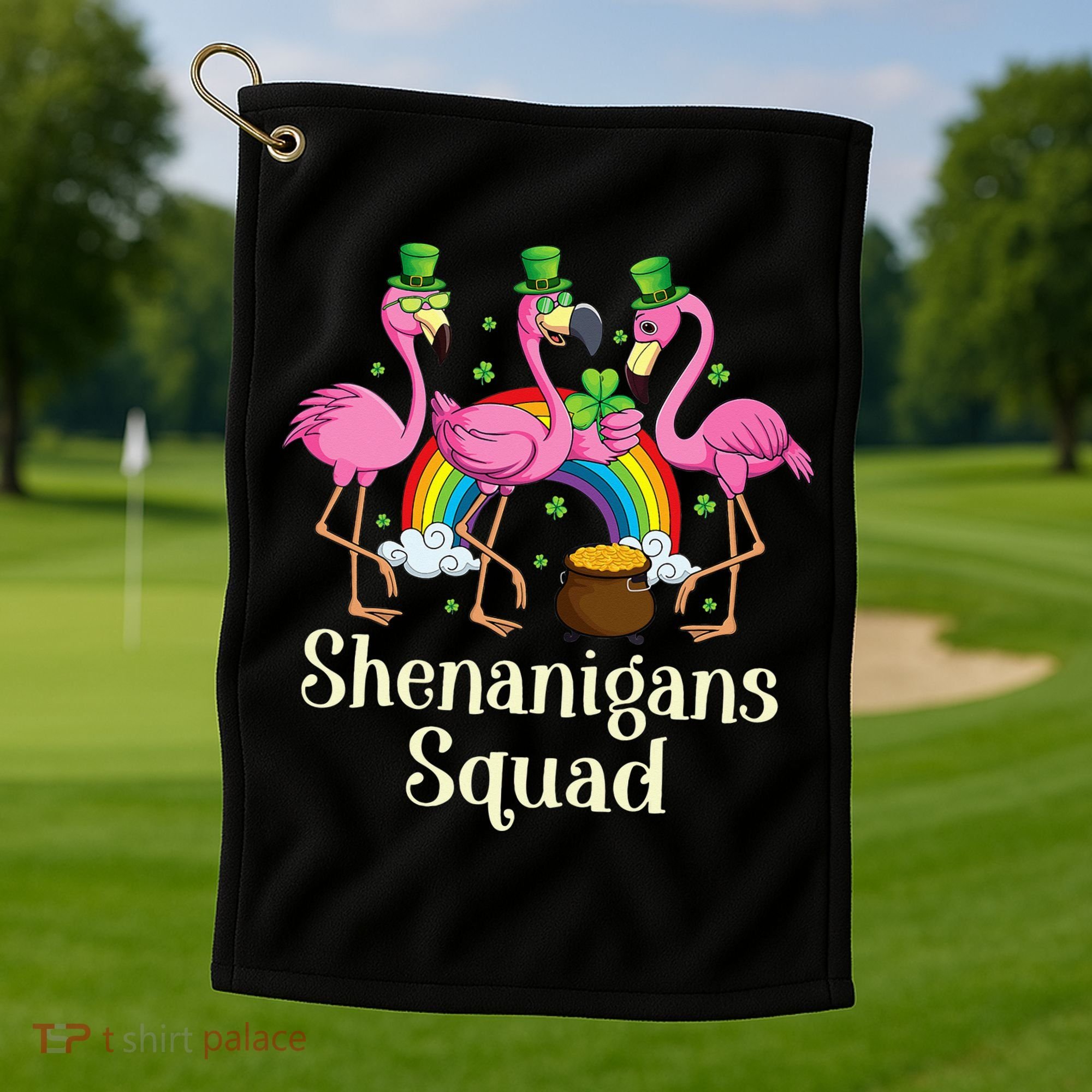 St Patrick's Day Shenanigan Squad Leprechaun Irish Flamingo Golf Towel