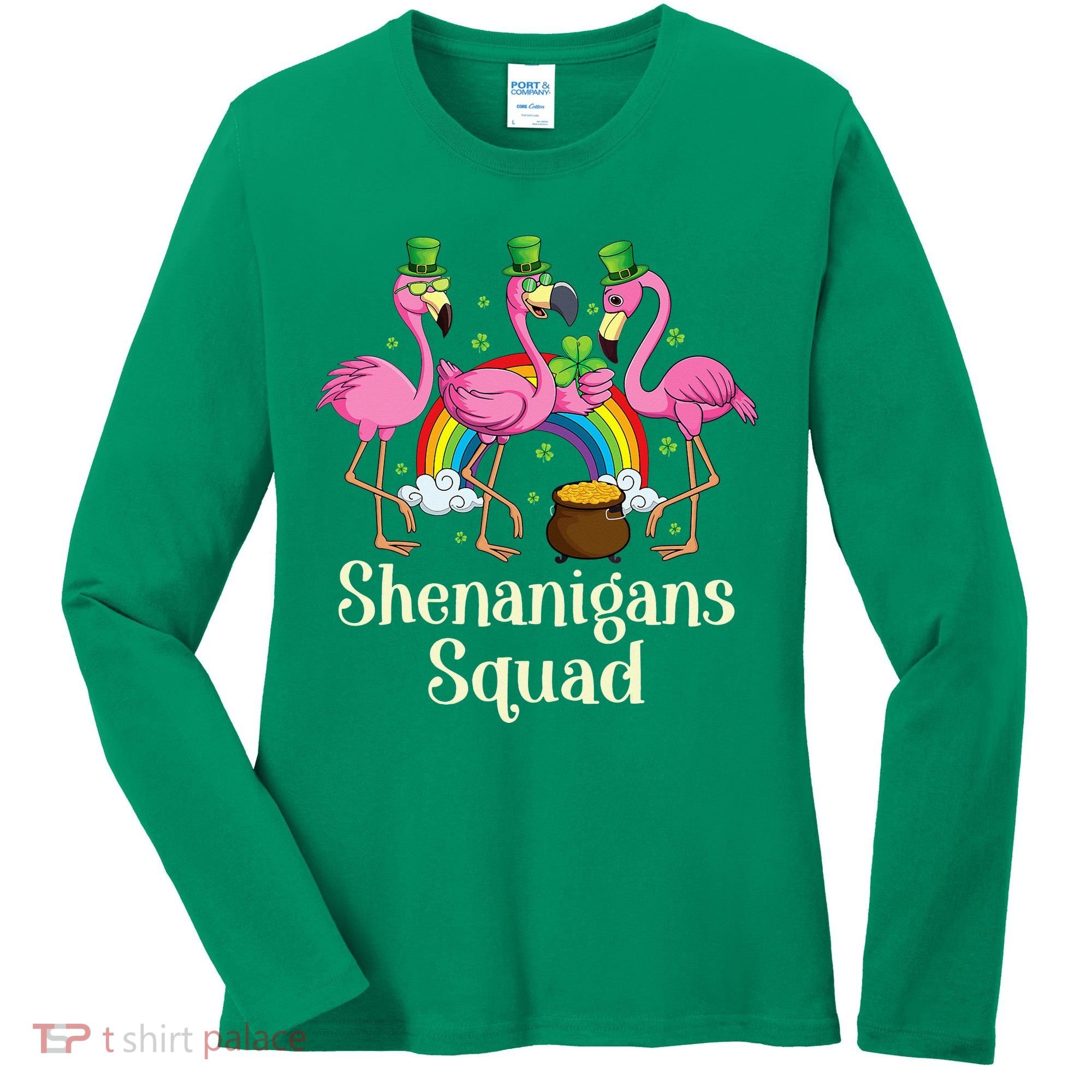 St Patrick's Day Shenanigan Squad Leprechaun Irish Flamingo Women's Long Sleeve Shirt