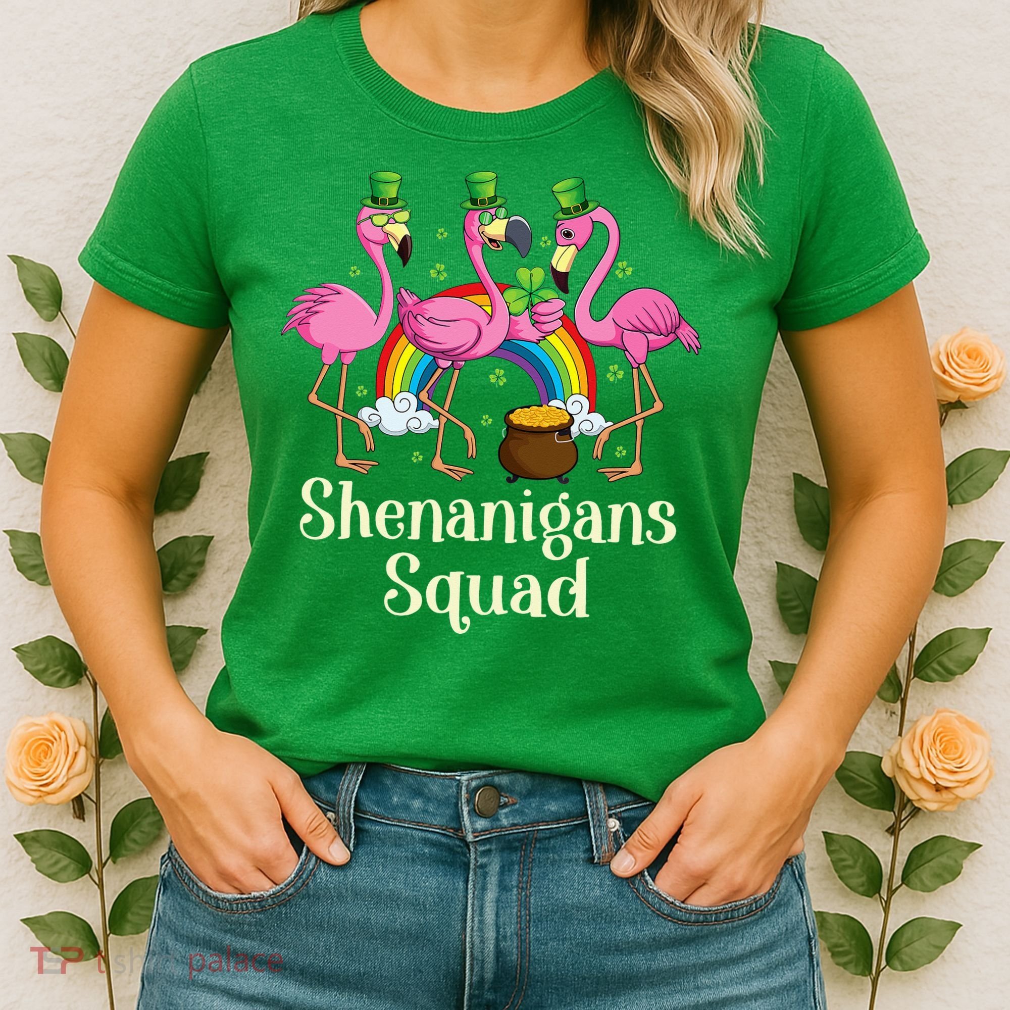 St Patrick's Day Shenanigan Squad Leprechaun Irish Flamingo Women's T-Shirt