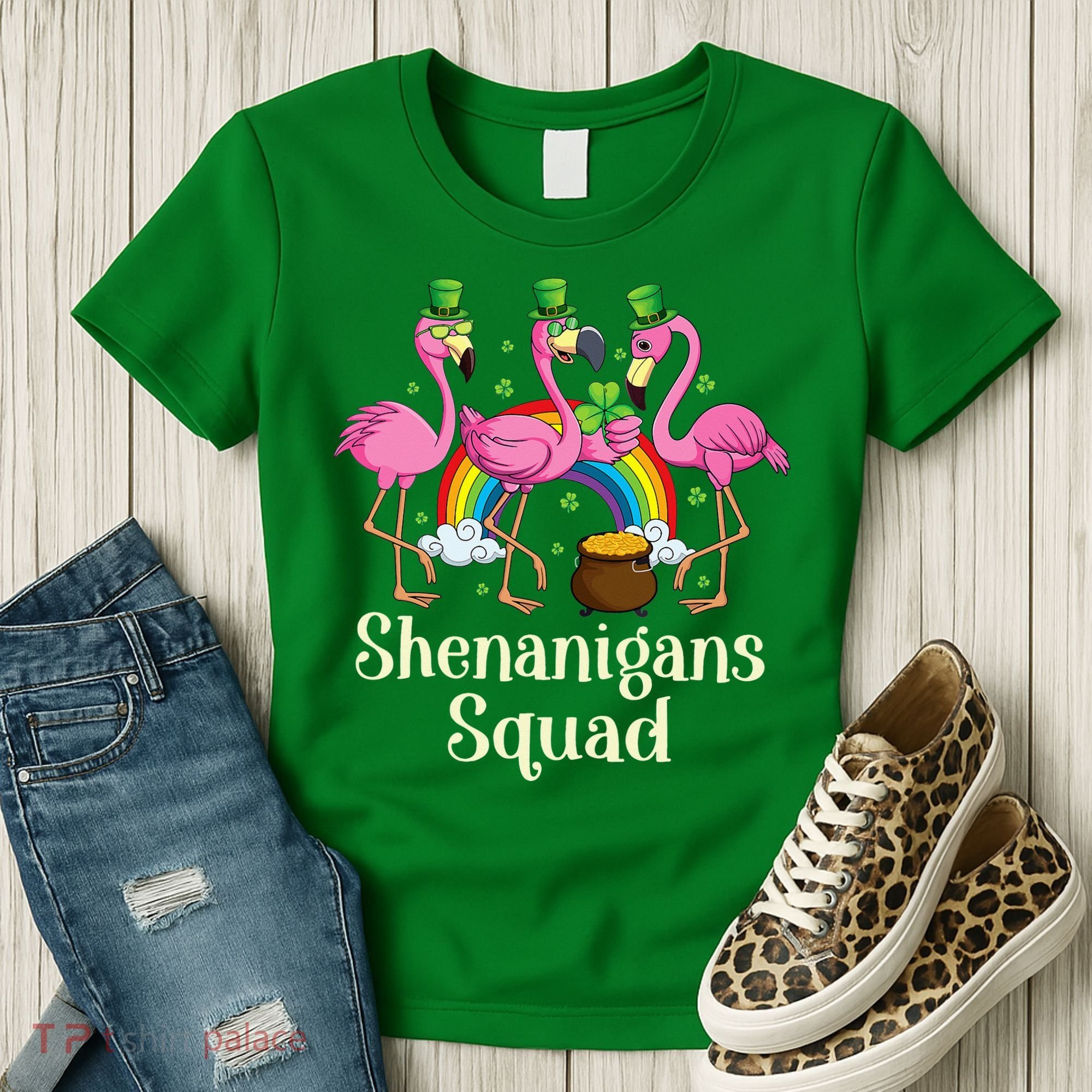 St Patrick's Day Shenanigan Squad Leprechaun Irish Flamingo Women's T-Shirt