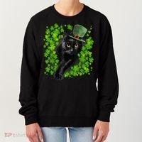 St Patrick Day Black Cat 3 Leaf Clover Kitten Lover Irish Women's Sweatshirt thumb 0