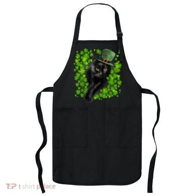 St Patrick Day Black Cat 3 Leaf Clover Kitten Lover Irish Apron