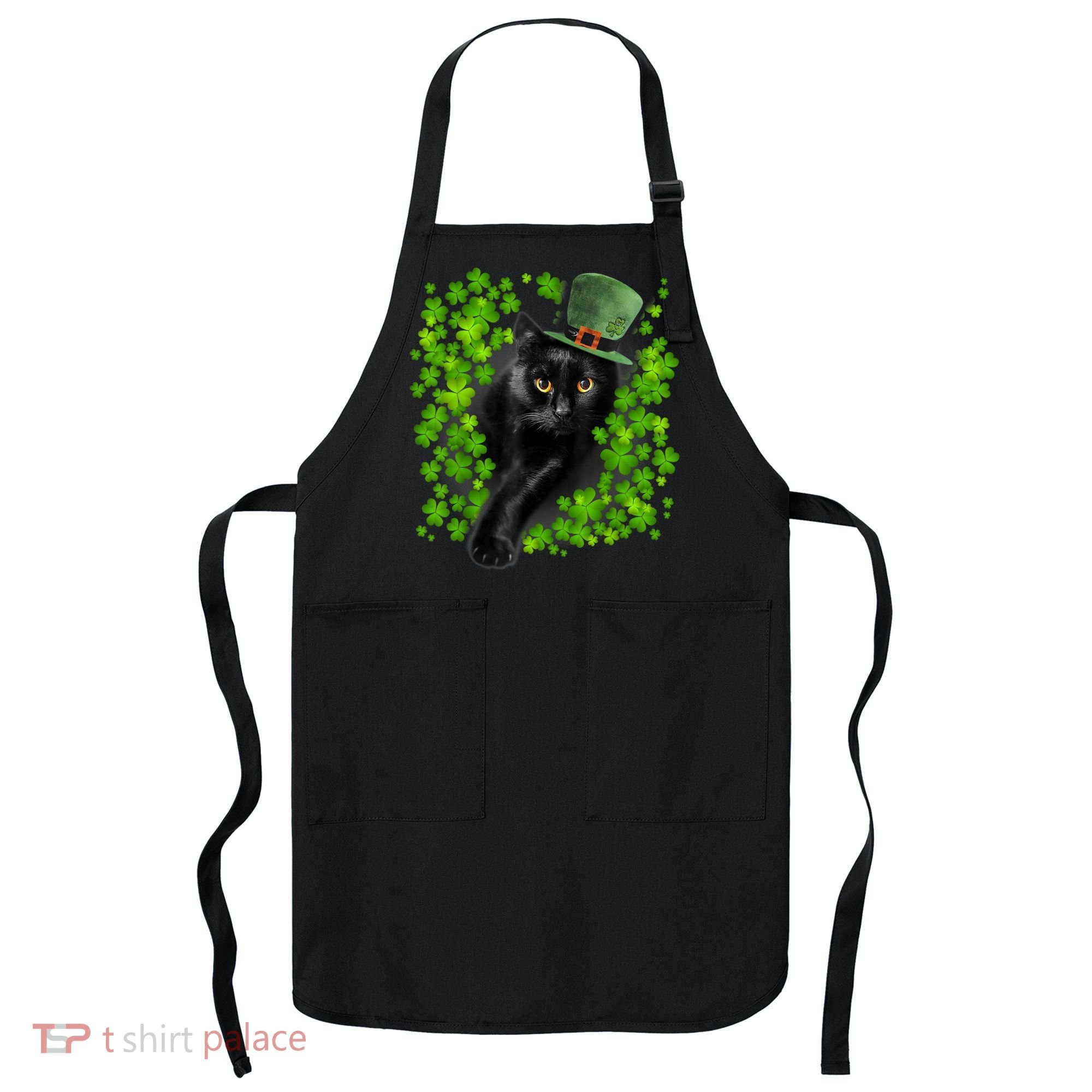 St Patrick Day Black Cat 3 Leaf Clover Kitten Lover Irish Apron